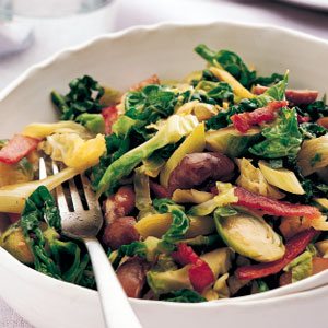 Asian greens with bacon and chestnuts