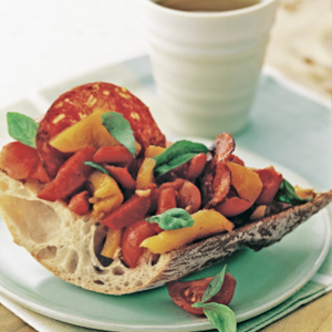Chorizo, grilled capsicum and tomato bruschetta