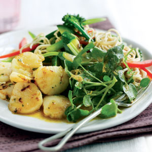 Scallops with noodles and watercress