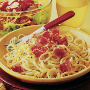 Spaghetti carbonara with roasted tomato salad
