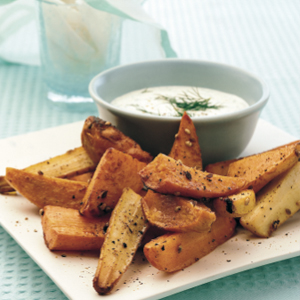 Spiced root vegetable wedges with mustard dip
