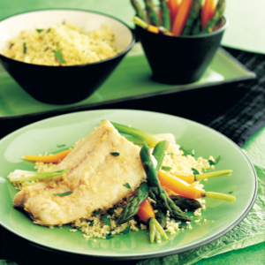 Steamed fish fillets with spring vegetables