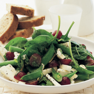 Sugar snap salad with black grapes and fetta