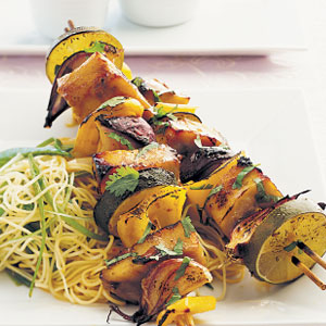 Teriyaki-glazed seafood skewers