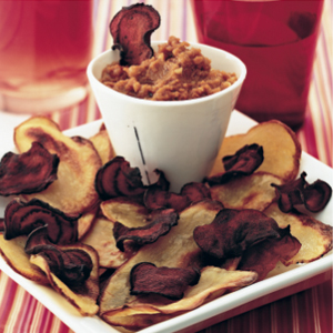 Vegetable chips with peanut dip