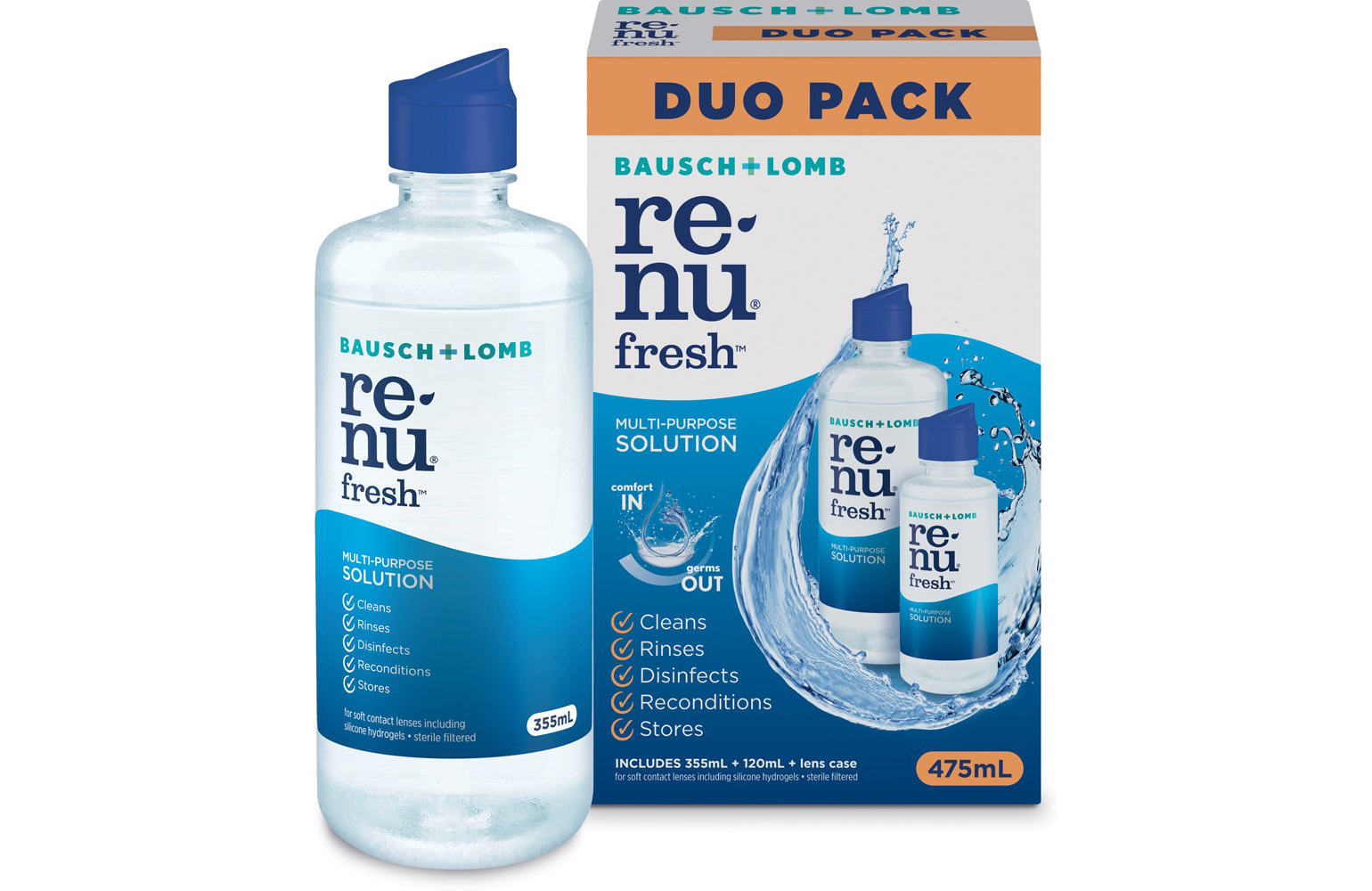 Contact lens solution: Renu (Bausch & Lomb)