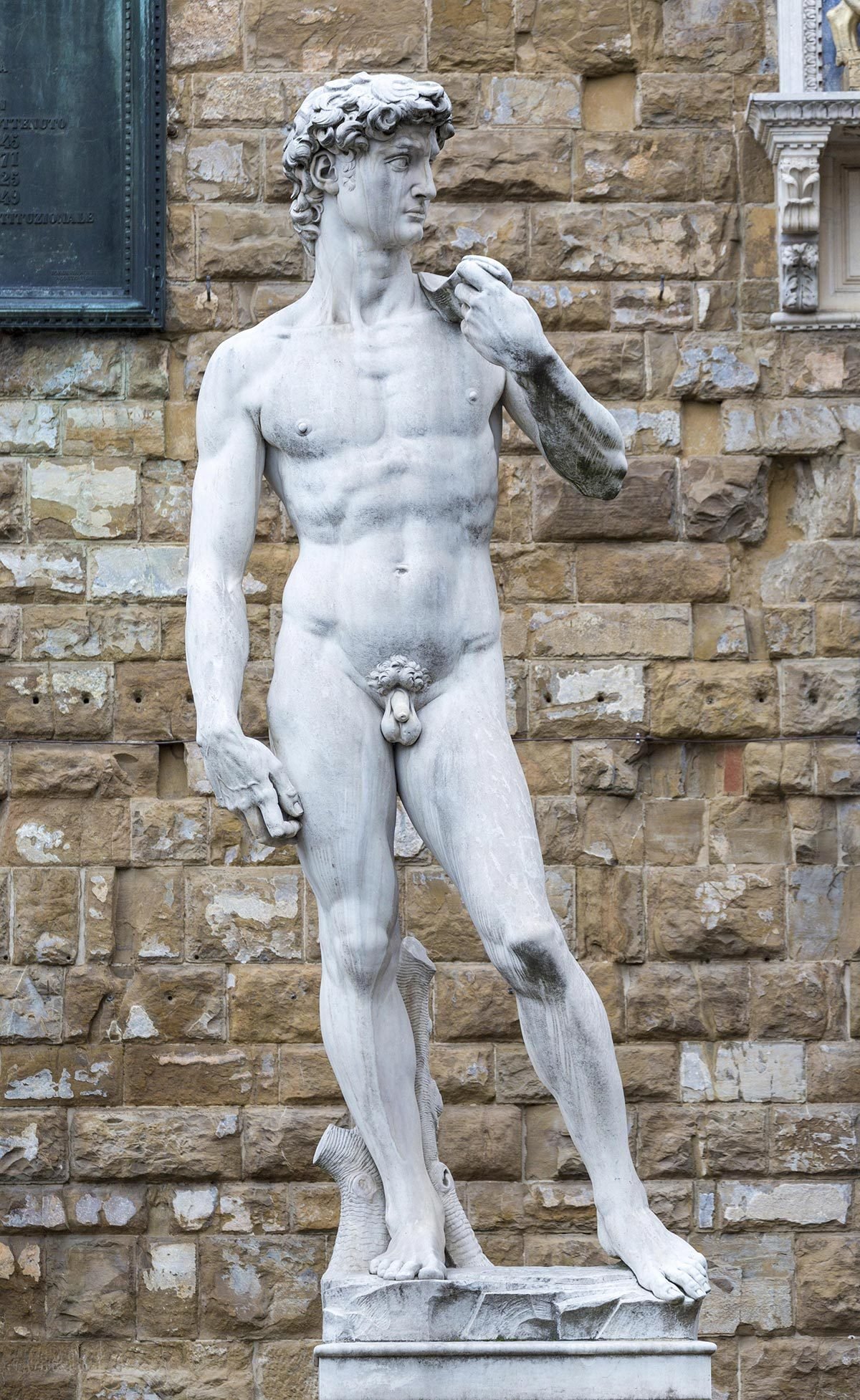 What’s the David sculpture holding in his right hand?