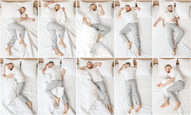 young man lie in bed with 10 different sleeping positions