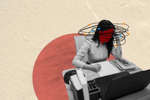 Illustration of a woman experiencing burnout inf front of her desk