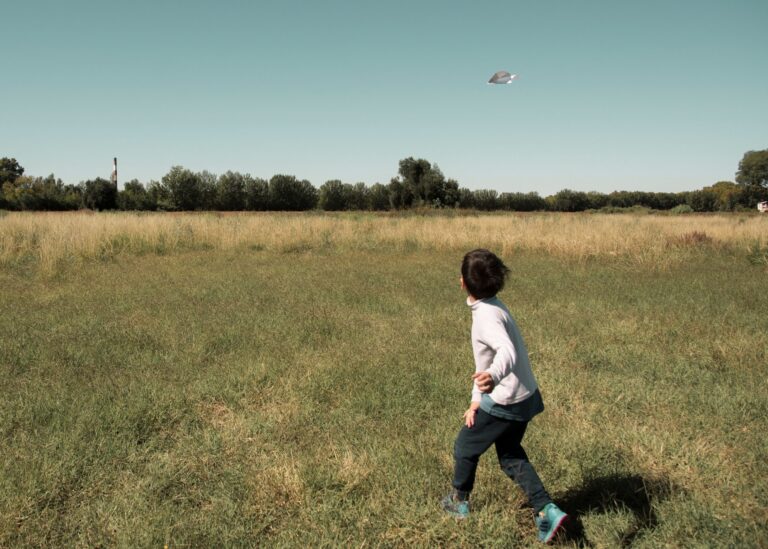 A young boy running across a grassy field, chasing a UFO in the sky