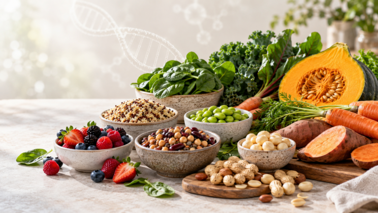 Healthy whole foods with a DNA helix in the background.