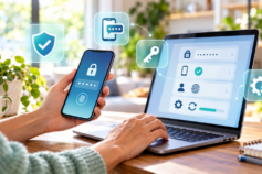 Smartphone and laptop showing secure login and multi-factor authentication.