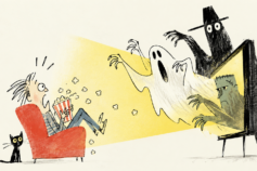 Cartoon viewer startled by spooky movie characters emerging from a television