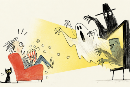 Cartoon viewer startled by spooky movie characters emerging from a television